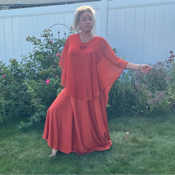 60s 70s Double Knit Poly pumpkin spice orange tank dress w/ sheer illusion cape - Picture 5 of 6